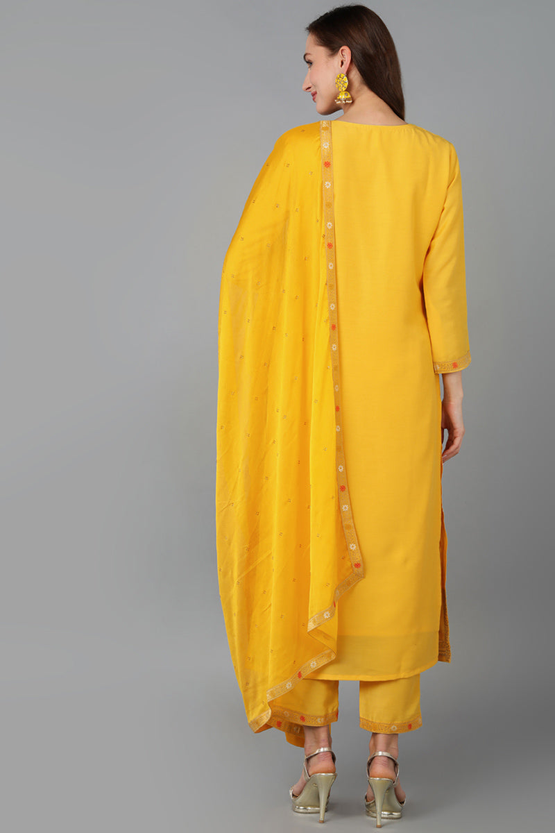 Yellow Silk Blend Ethnic Motifs Straight Kurta Trousers With Dupatta 