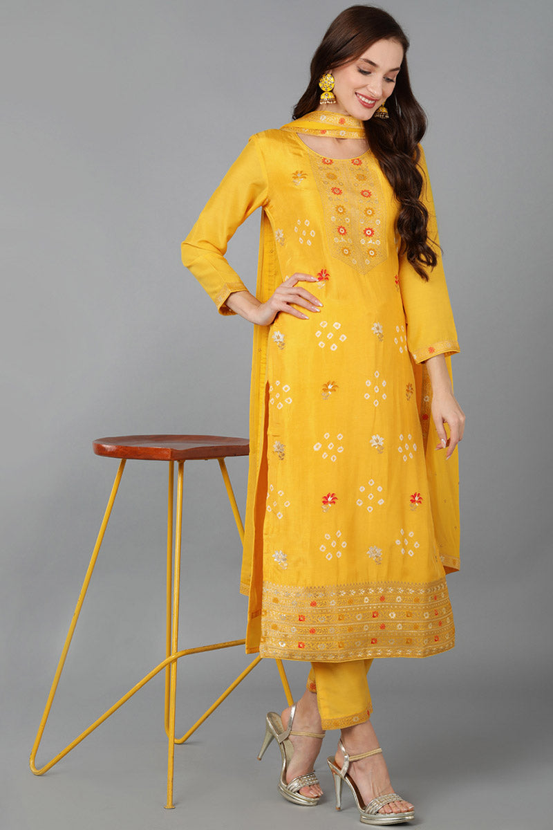 Yellow Silk Blend Ethnic Motifs Straight Kurta Trousers With Dupatta 