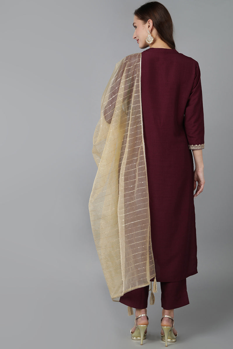 Magenta Silk Blend Solid Straight Kurta Trousers With Dupatta 