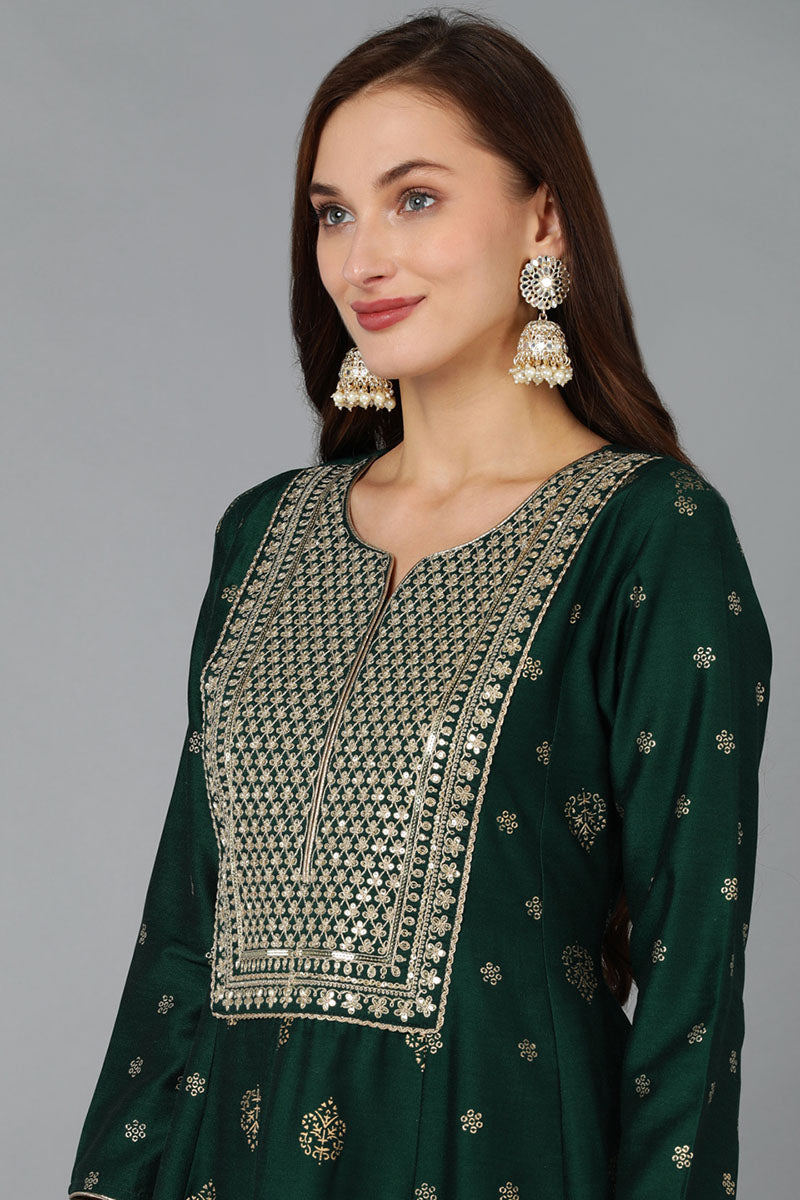 Green Silk Blend Woven Design Anarkali Kurta Trousers With Dupatta 