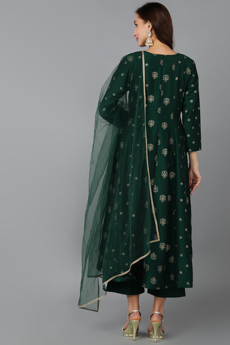 Green Silk Blend Woven Design Anarkali Kurta Trousers With Dupatta 