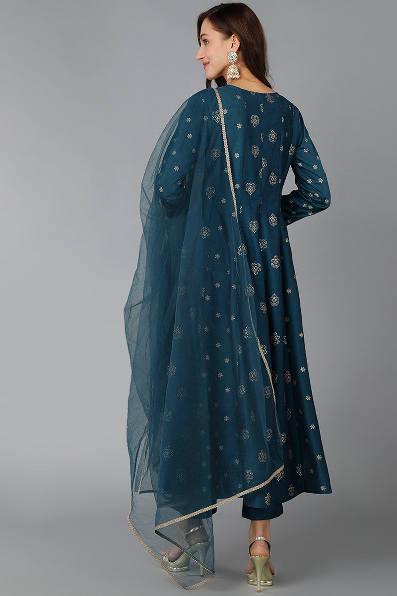 Teal Silk Blend Woven Design Anarkali Kurta Trousers With Dupatta 
