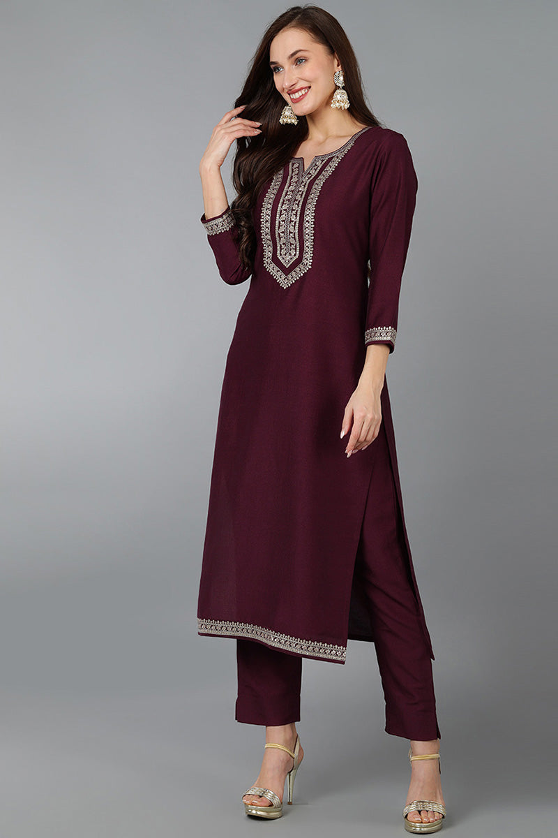 Burgundy Silk Blend Solid Straight Kurta Trousers With Dupatta 