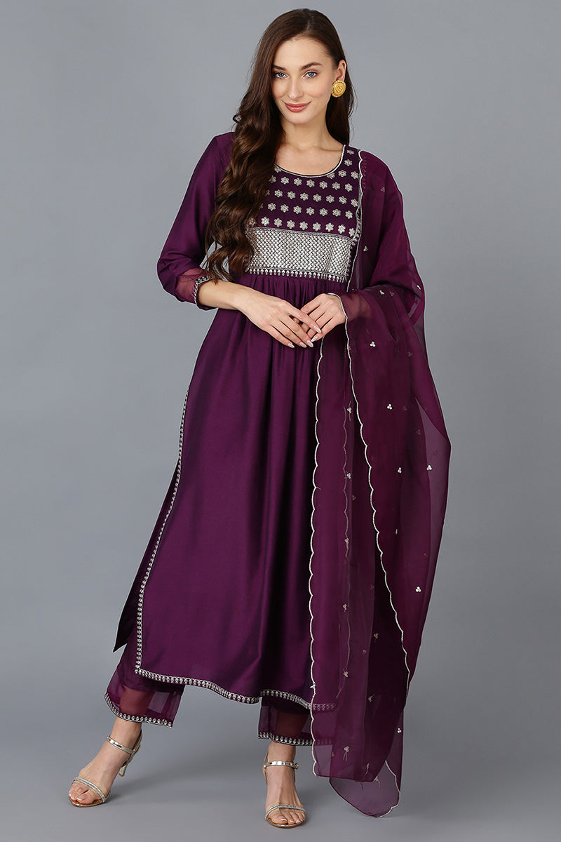 Purple Silk Blend Solid Straight Kurta Trousers With Dupatta 