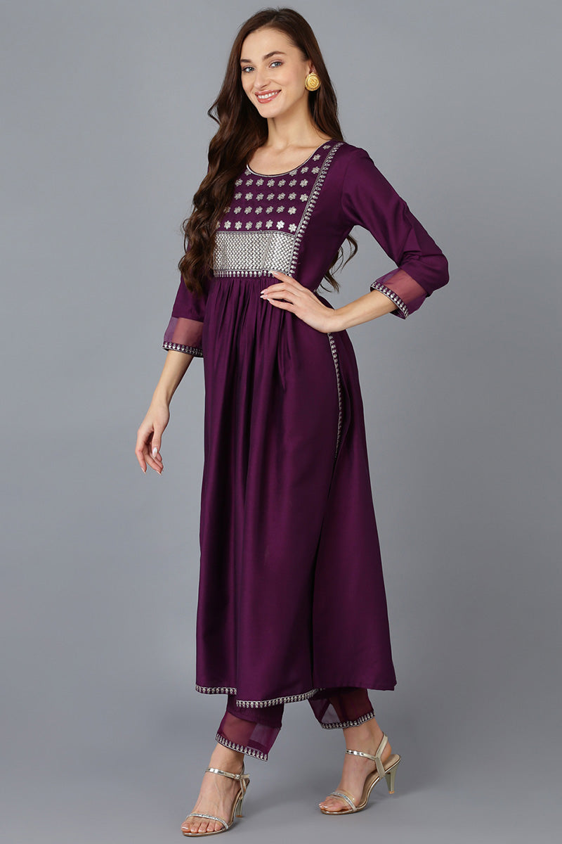 Purple Silk Blend Solid Straight Kurta Trousers With Dupatta PKSKD1723