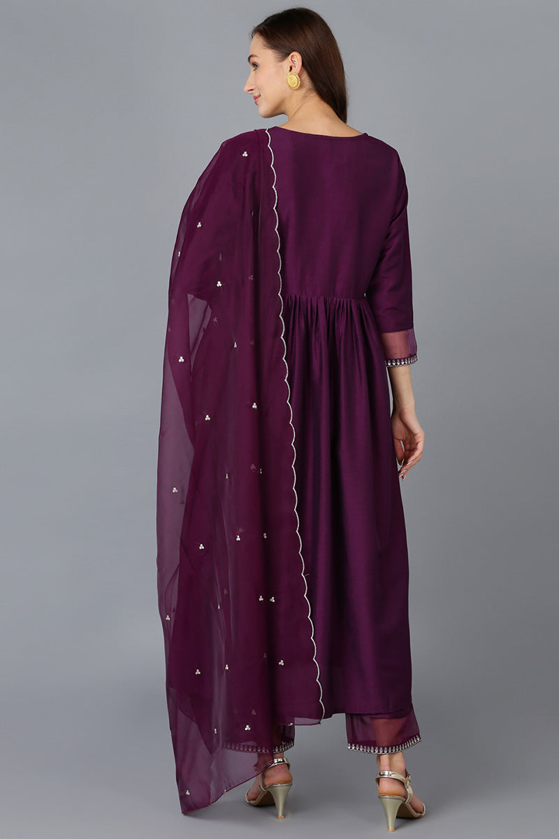 Purple Silk Blend Solid Straight Kurta Trousers With Dupatta PKSKD1723