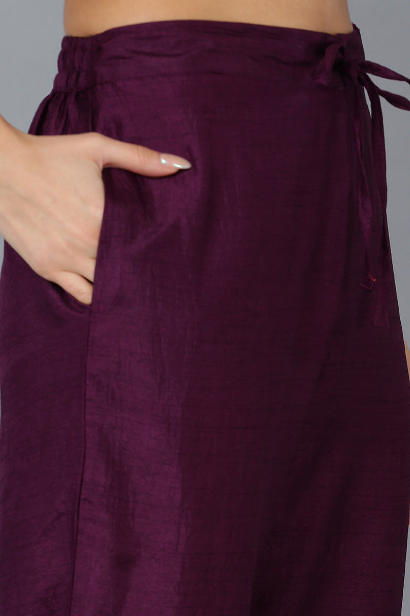 Purple Silk Blend Solid Straight Kurta Trousers With Dupatta PKSKD1723