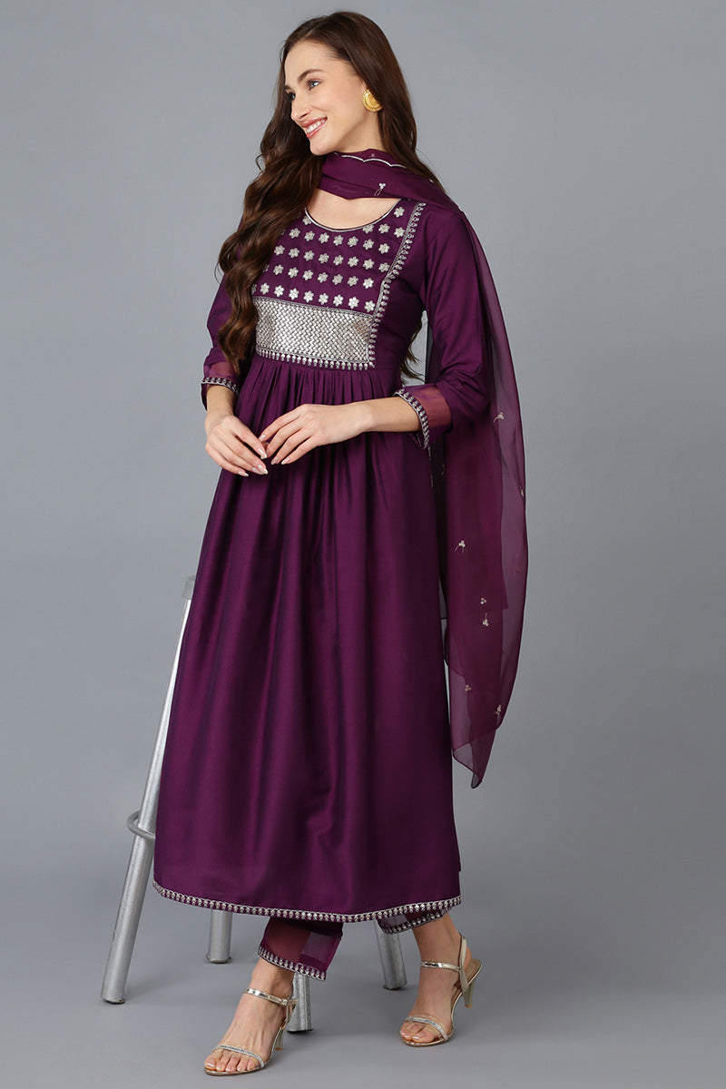 Purple Silk Blend Solid Straight Kurta Trousers With Dupatta 