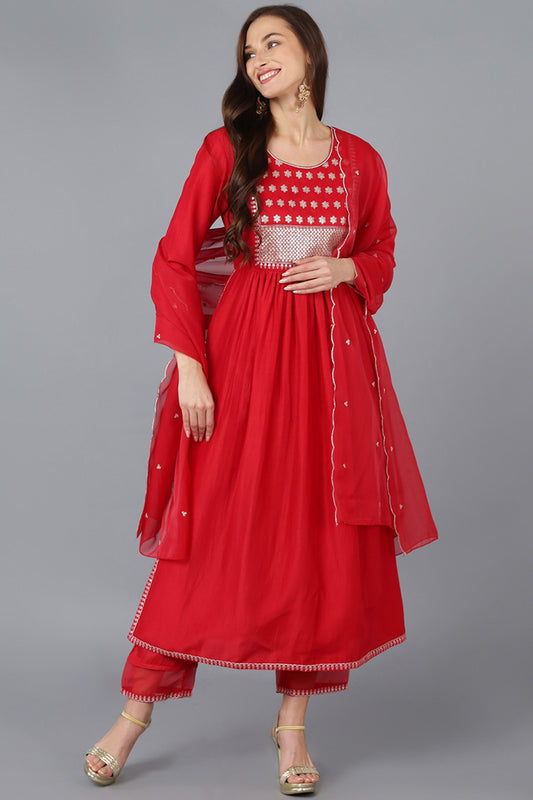 Red Silk Blend Solid Straight Kurta Trousers With Dupatta 