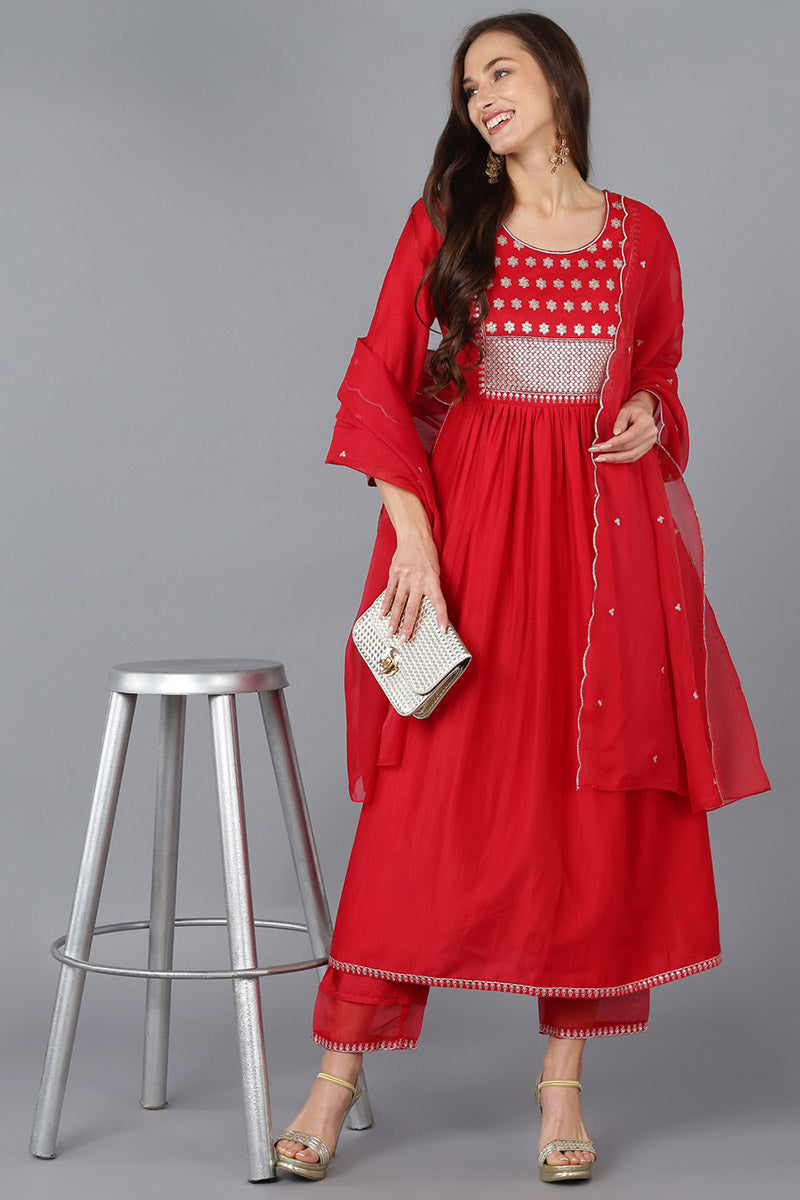 Red Silk Blend Solid Straight Kurta Trousers With Dupatta 