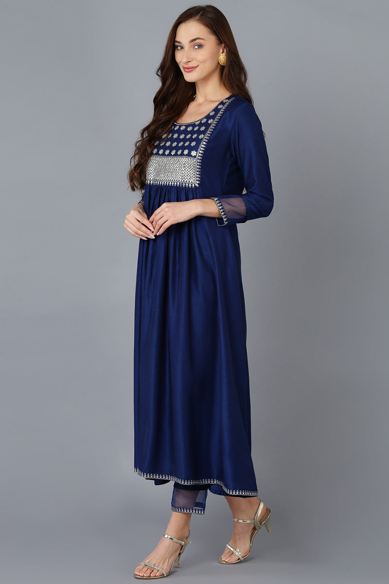 Navy Blue Silk Blend Solid A-Line Kurta Trousers With Dupatta 