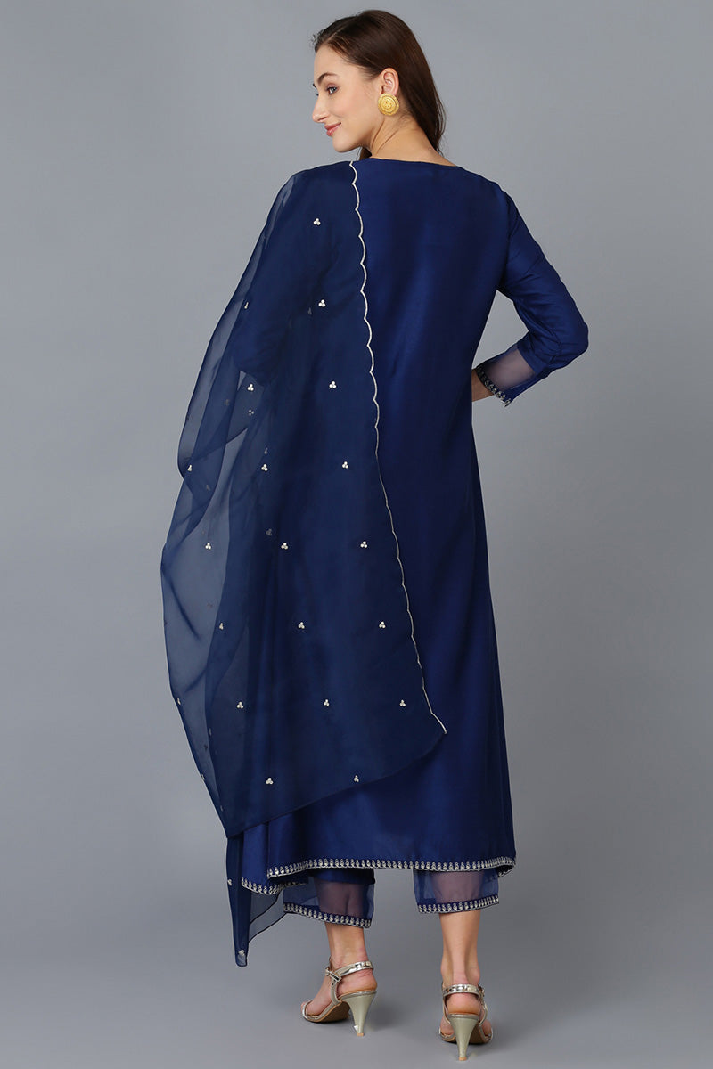 Navy Blue Silk Blend Solid A-Line Kurta Trousers With Dupatta 