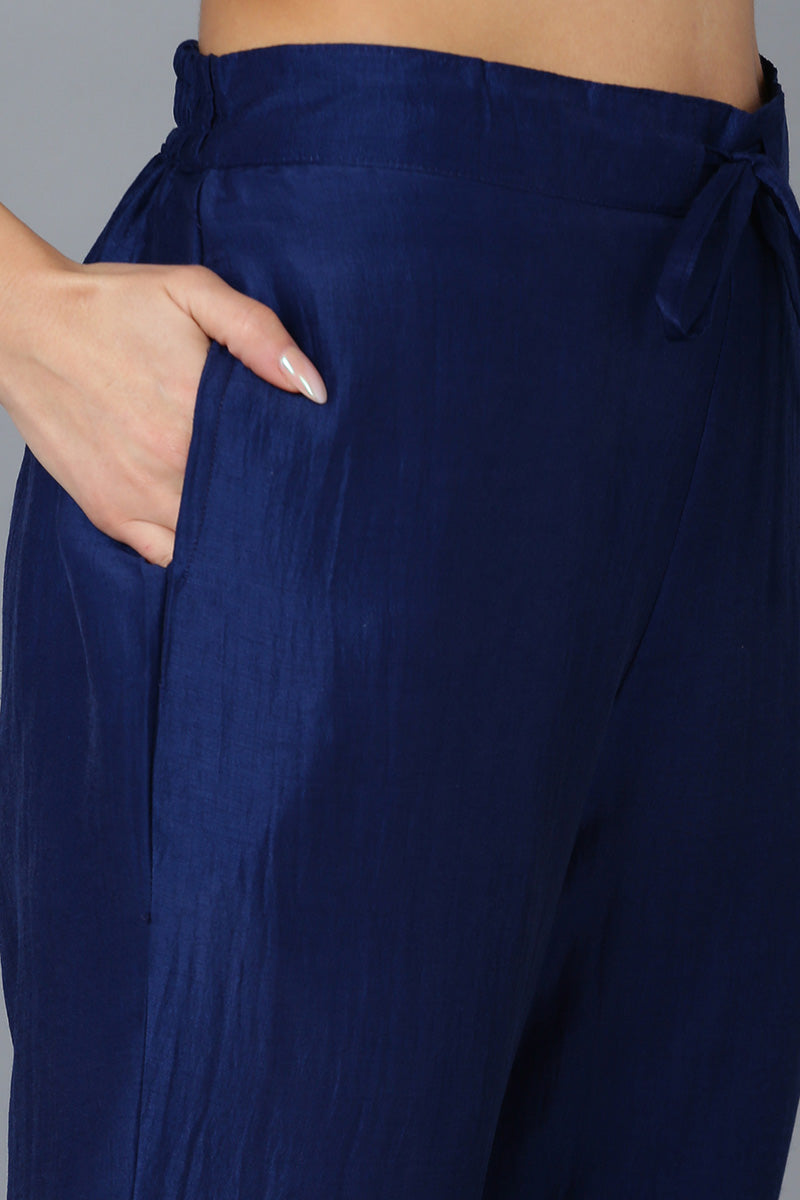 Navy Blue Silk Blend Solid A-Line Kurta Trousers With Dupatta 