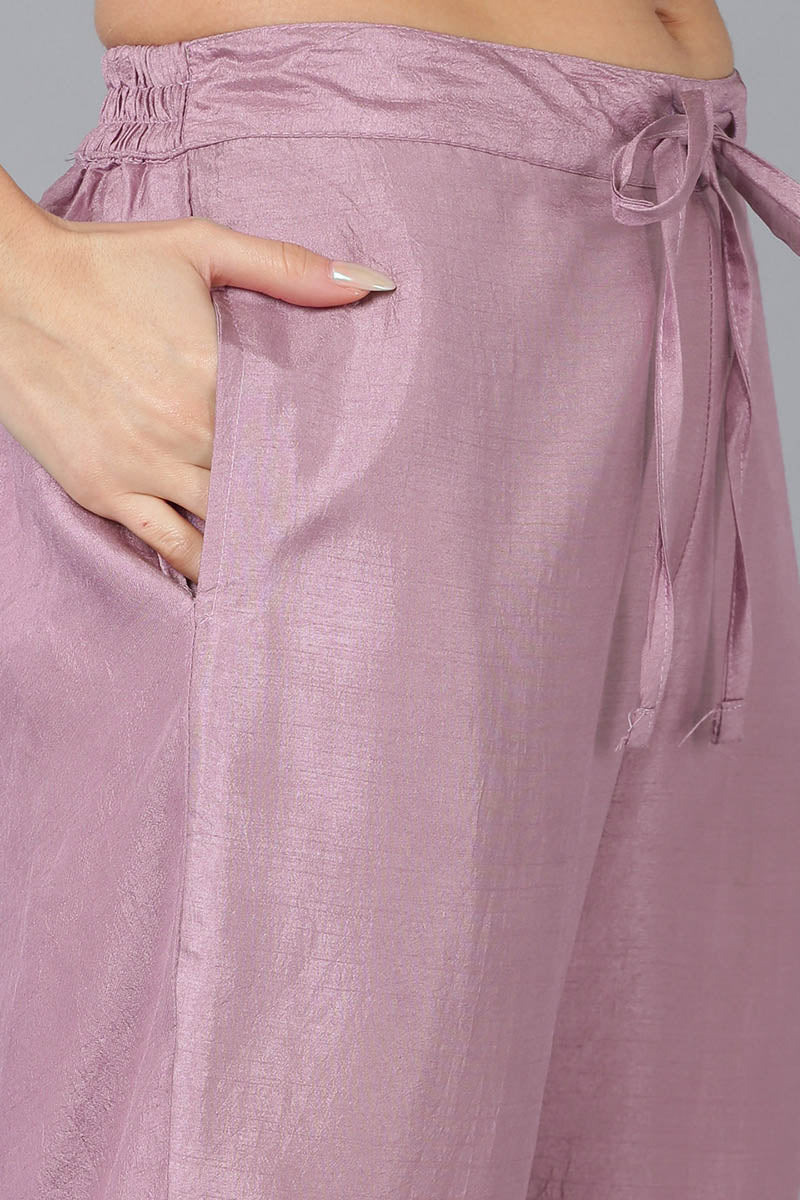 Lavender Silk Blend Solid A-Line Kurta Trousers With Dupatta 