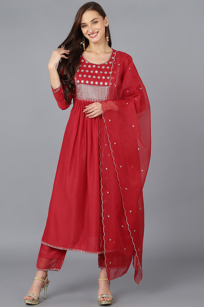 Red Silk Blend Solid A-Line Kurta Trousers With Dupatta 