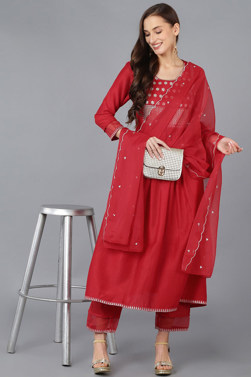 Red Silk Blend Solid A-Line Kurta Trousers With Dupatta 