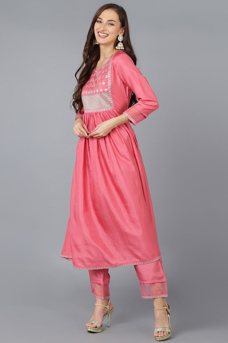 Coral Silk Blend Solid A-Line Kurta Trousers With Dupatta 