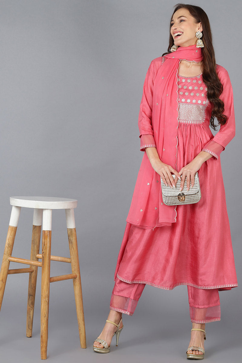 Coral Silk Blend Solid A-Line Kurta Trousers With Dupatta 