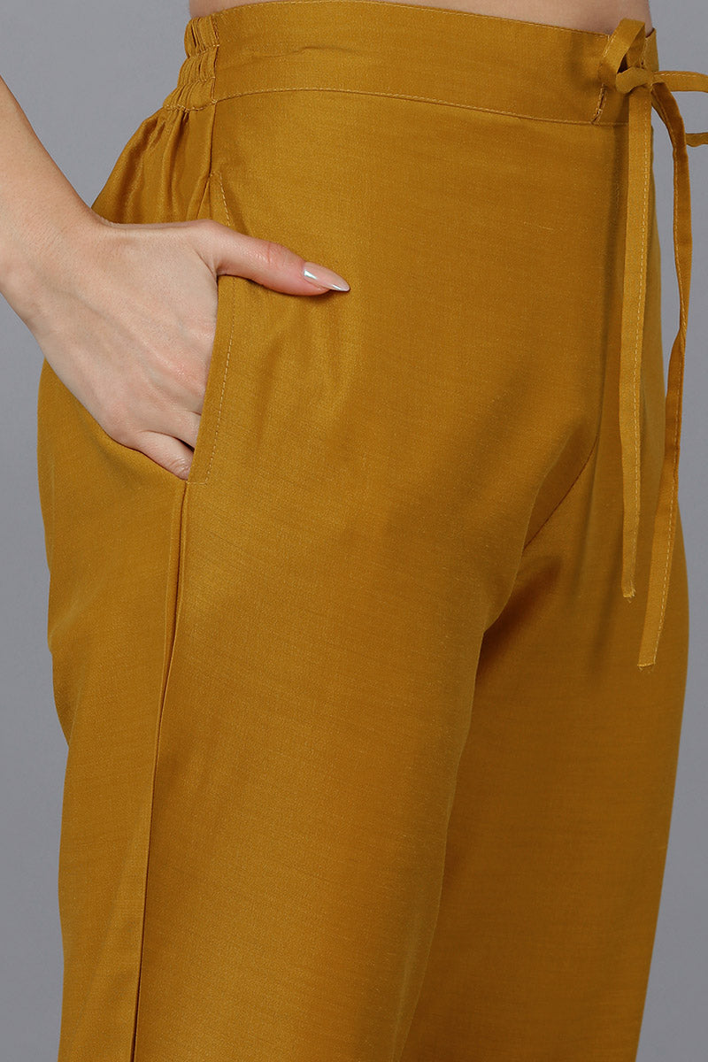 Mustard Silk Blend Solid A-Line Kurta Trousers With Dupatta 