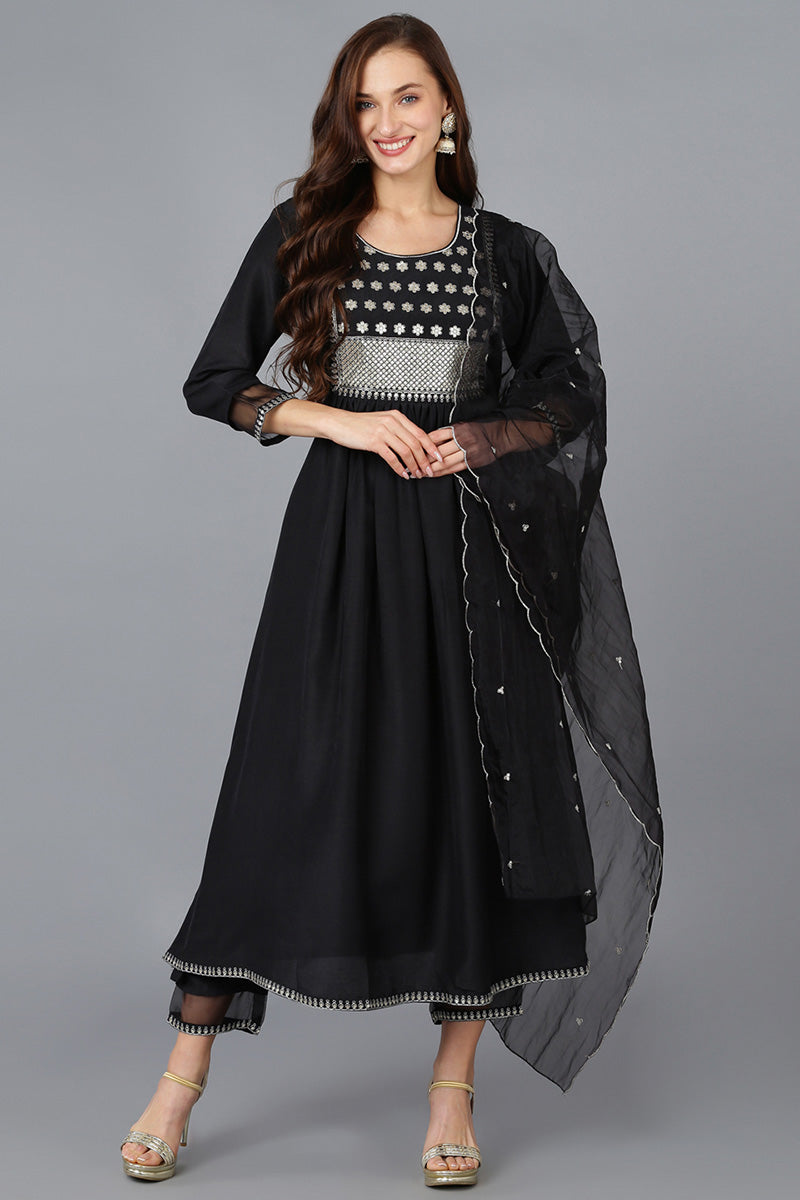 Black Silk Blend Solid A-Line Kurta Trousers With Dupatta 