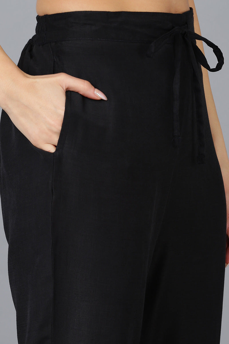 Black Silk Blend Solid A-Line Kurta Trousers With Dupatta 