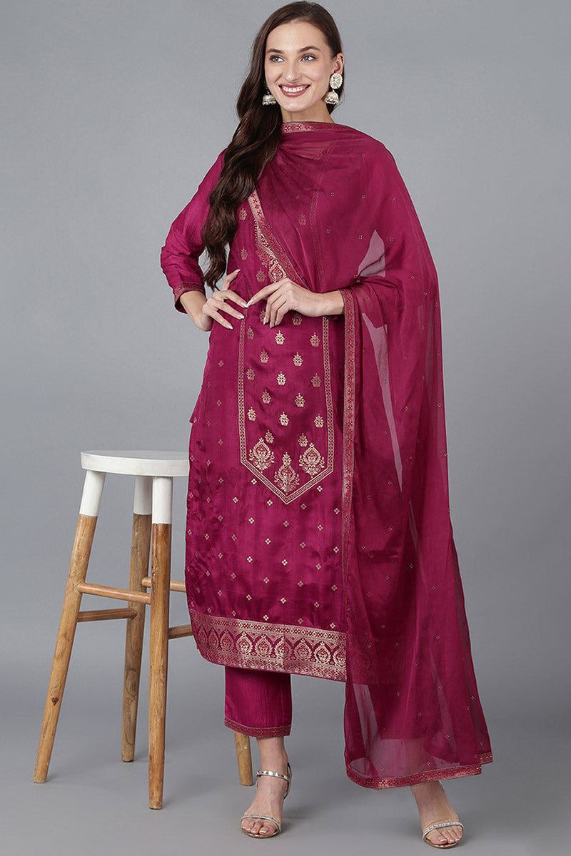 Red Viscose Rayon Solid Straight Kurta Trousers With Dupatta 