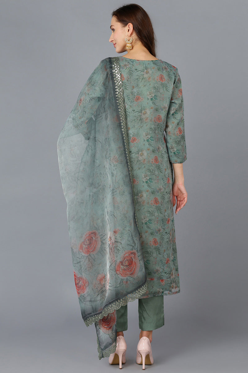 Green Organza Floral Straight Kurta Trousers With Dupatta 