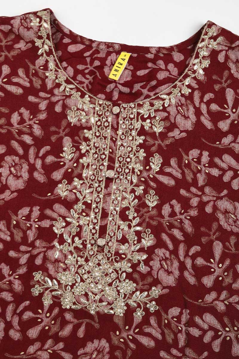 Maroon Silk Blend Floral Straight Kurta Trousers With Dupatta 