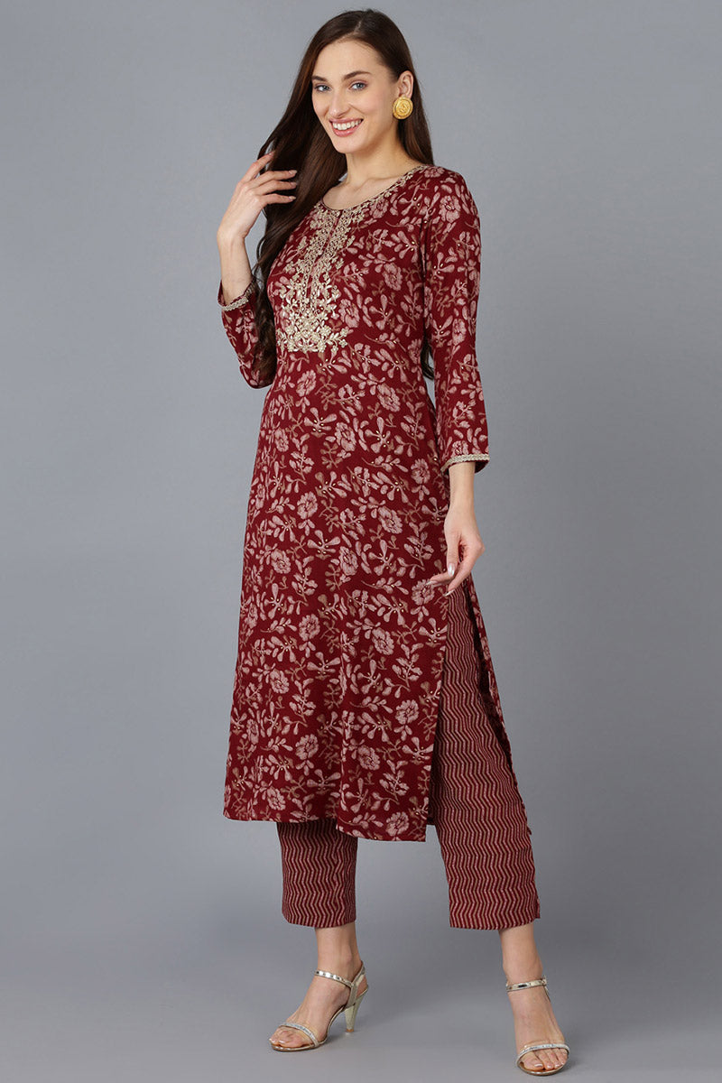 Maroon Silk Blend Floral Straight Kurta Trousers With Dupatta PKSKD1744