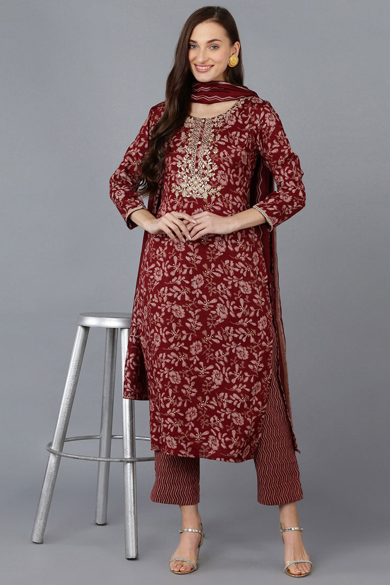 Maroon Silk Blend Floral Straight Kurta Trousers With Dupatta PKSKD1744