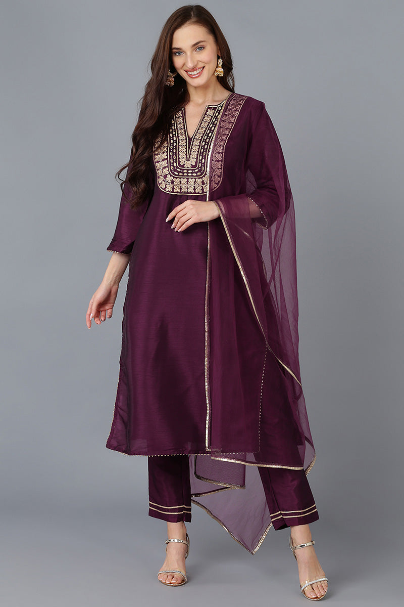 Magenta Silk Blend Solid Straight Kurta Trousers With Dupatta 