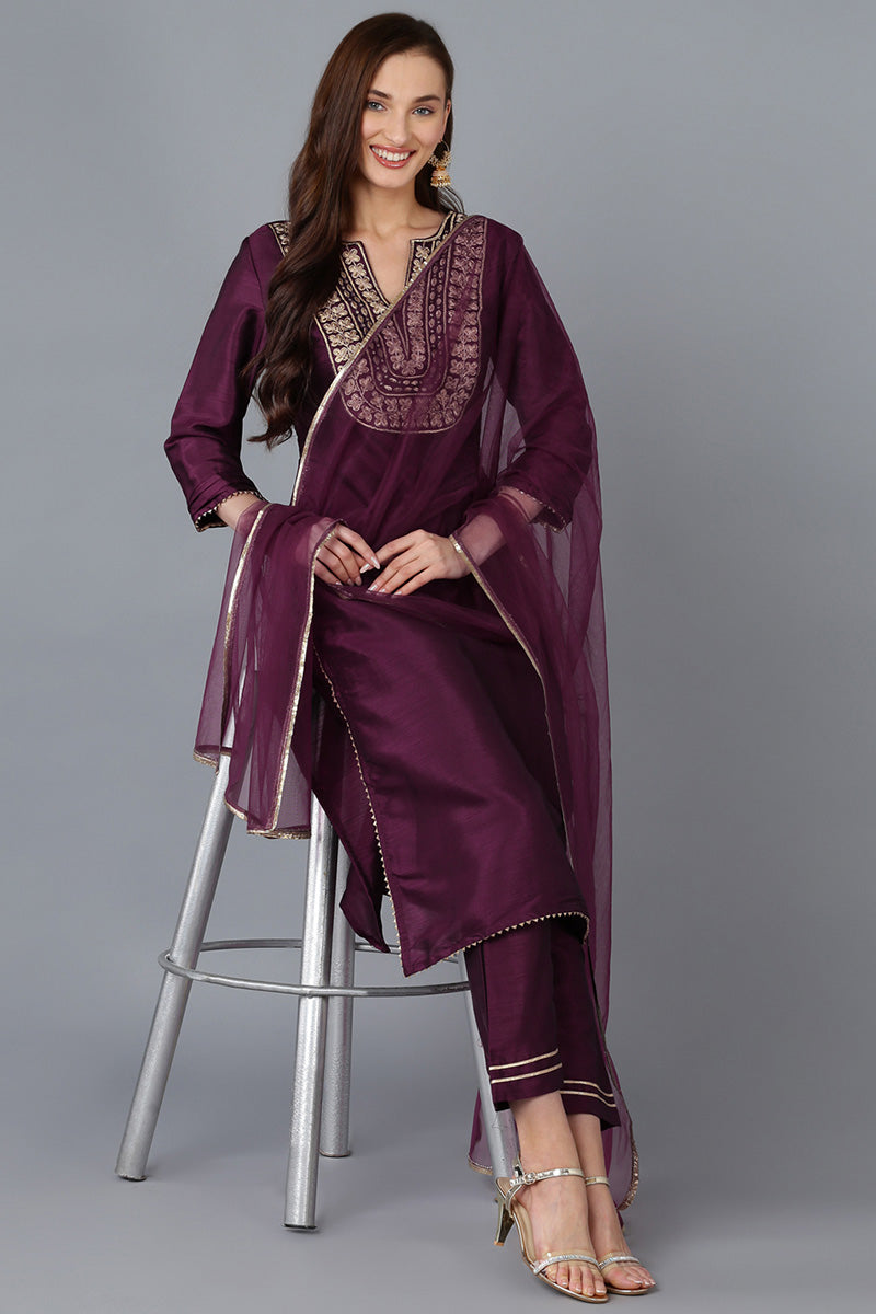 Magenta Silk Blend Solid Straight Kurta Trousers With Dupatta 