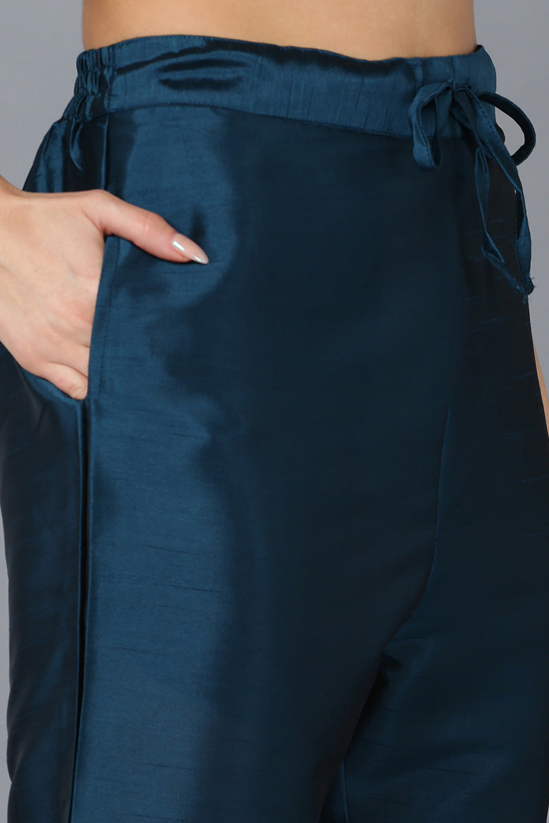 Teal Silk Blend Solid Straight Kurta Trousers With Dupatta 