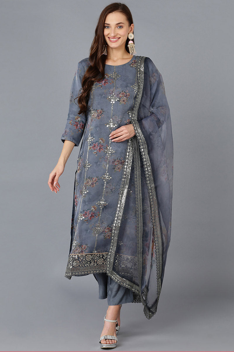 Grey Organza Floral Straight Kurta Trousers With Dupatta 