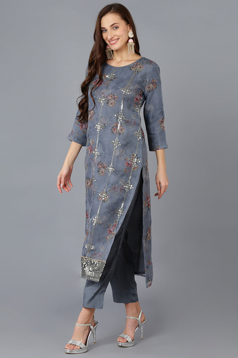 Grey Organza Floral Straight Kurta Trousers With Dupatta 