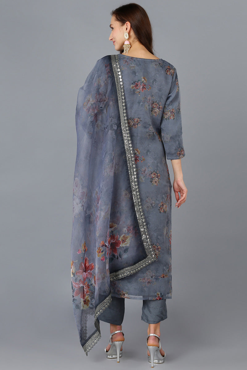 Grey Organza Floral Straight Kurta Trousers With Dupatta 