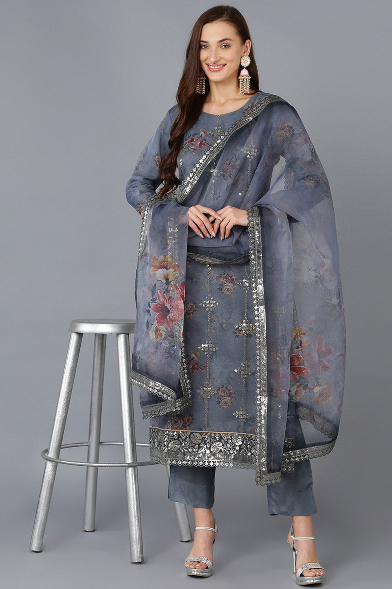 Grey Organza Floral Straight Kurta Trousers With Dupatta 