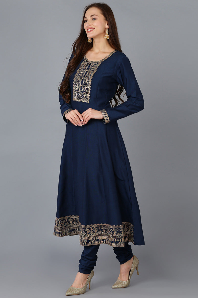 Navy Blue Silk Blend Solid A-Line Kurta Trousers With Dupatta 