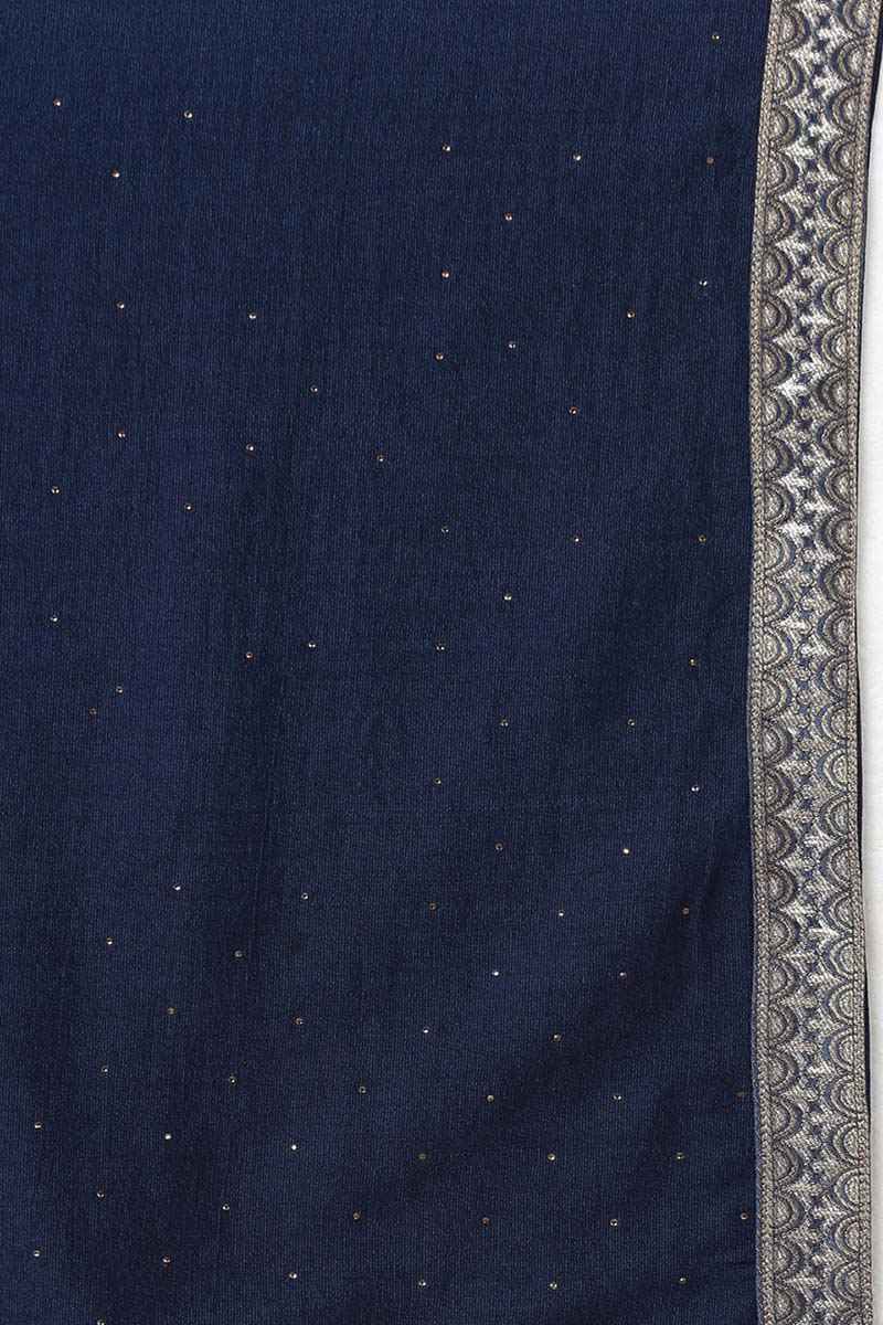 Navy Blue Silk Blend Solid A-Line Kurta Trousers With Dupatta 