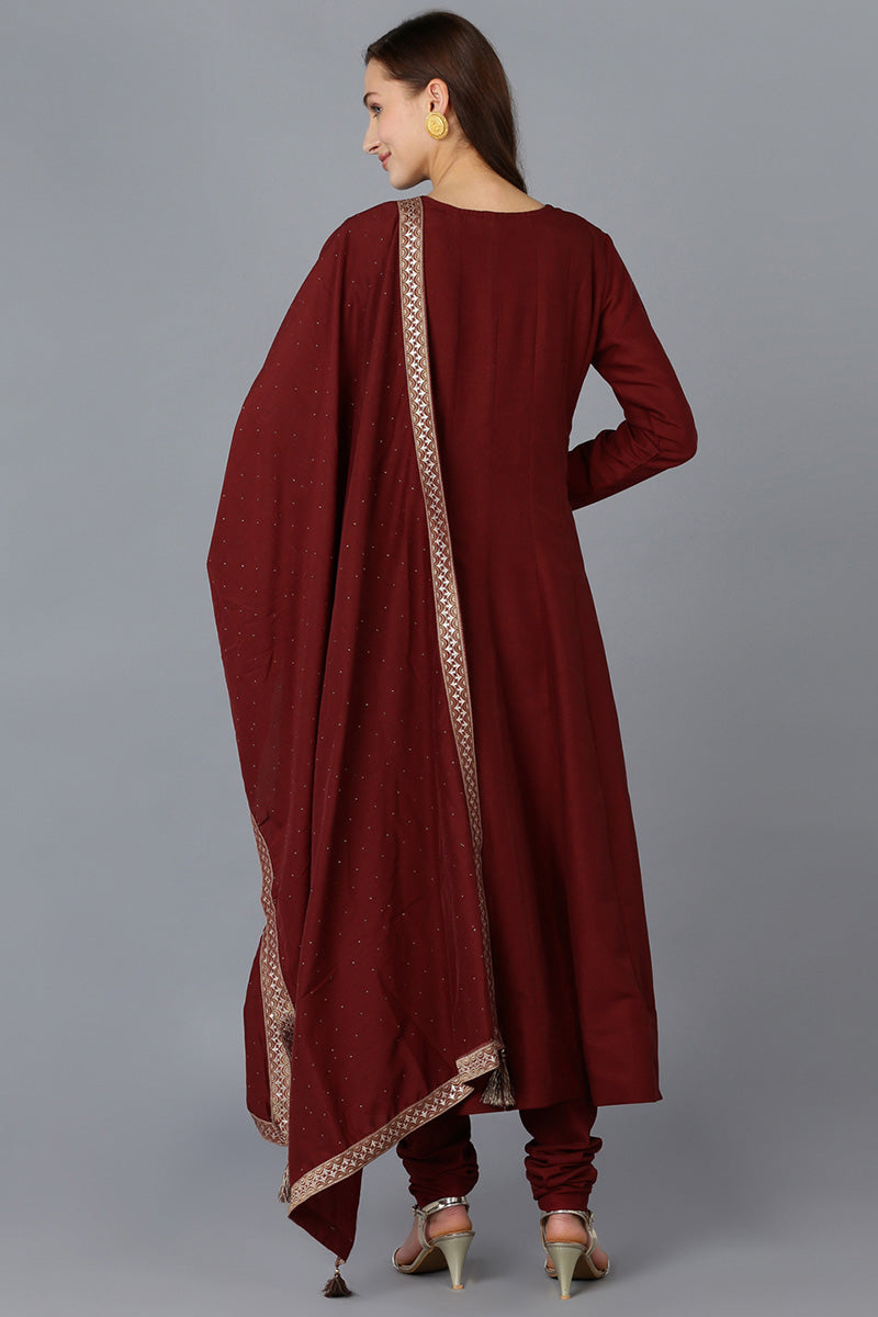 Maroon Silk Blend Solid A-Line Kurta Trousers With Dupatta 