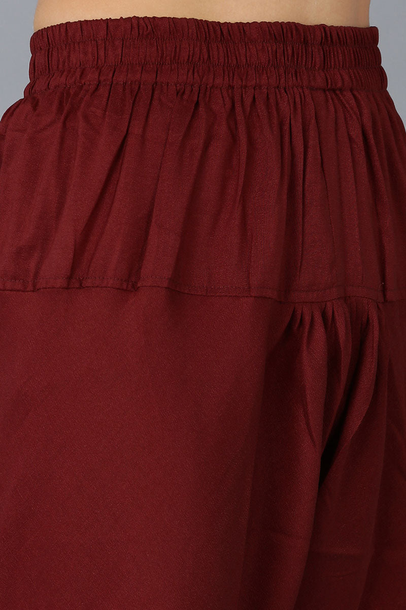 Maroon Silk Blend Solid A-Line Kurta Trousers With Dupatta 