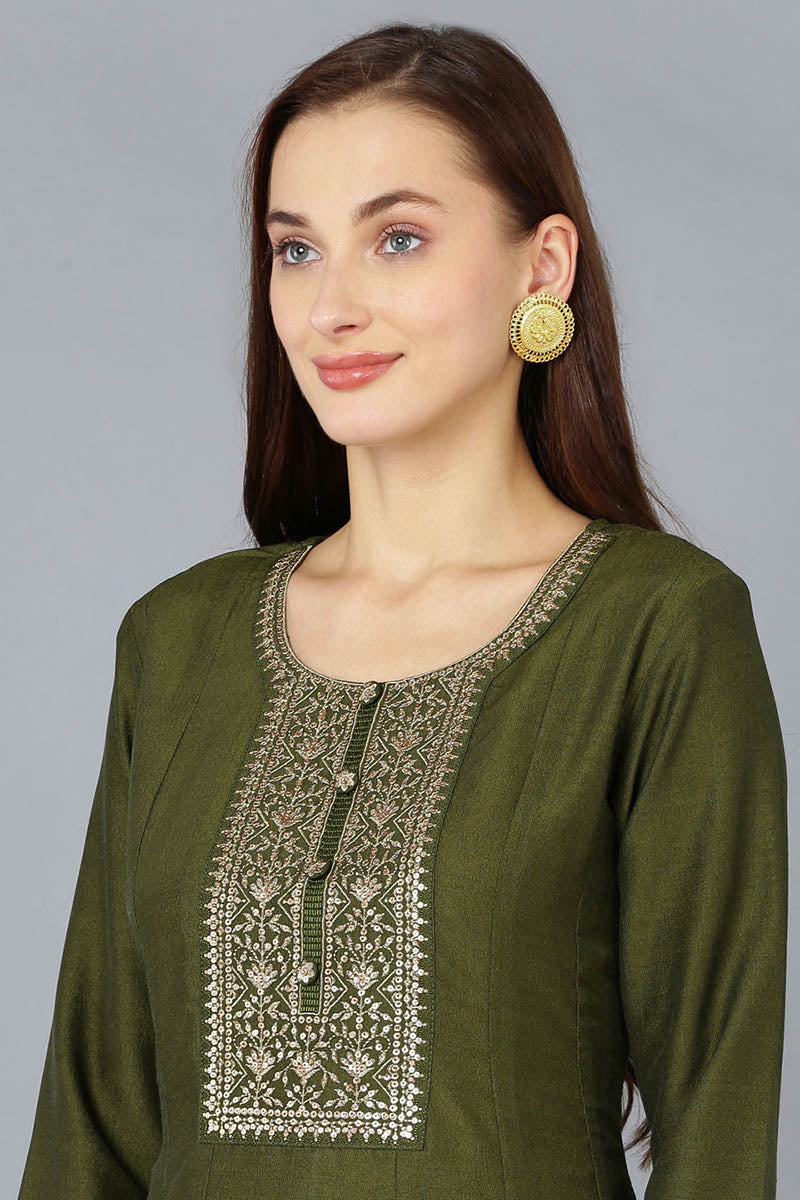 Olive Silk Blend Solid A-Line Kurta Trousers With Dupatta 