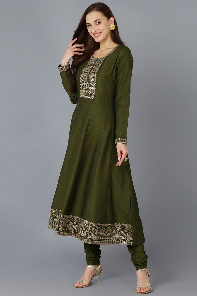 Olive Silk Blend Solid A-Line Kurta Trousers With Dupatta 