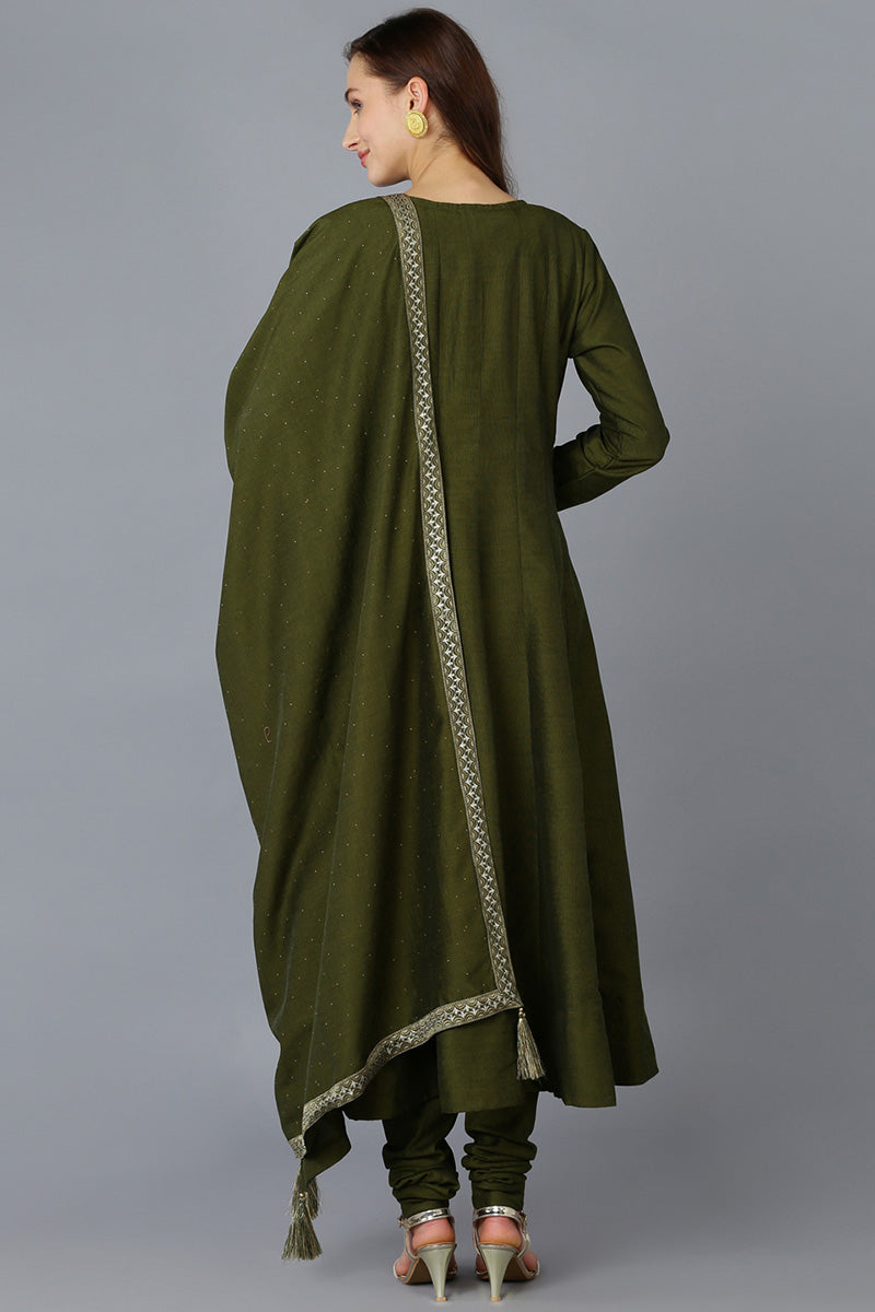 Olive Silk Blend Solid A-Line Kurta Trousers With Dupatta 