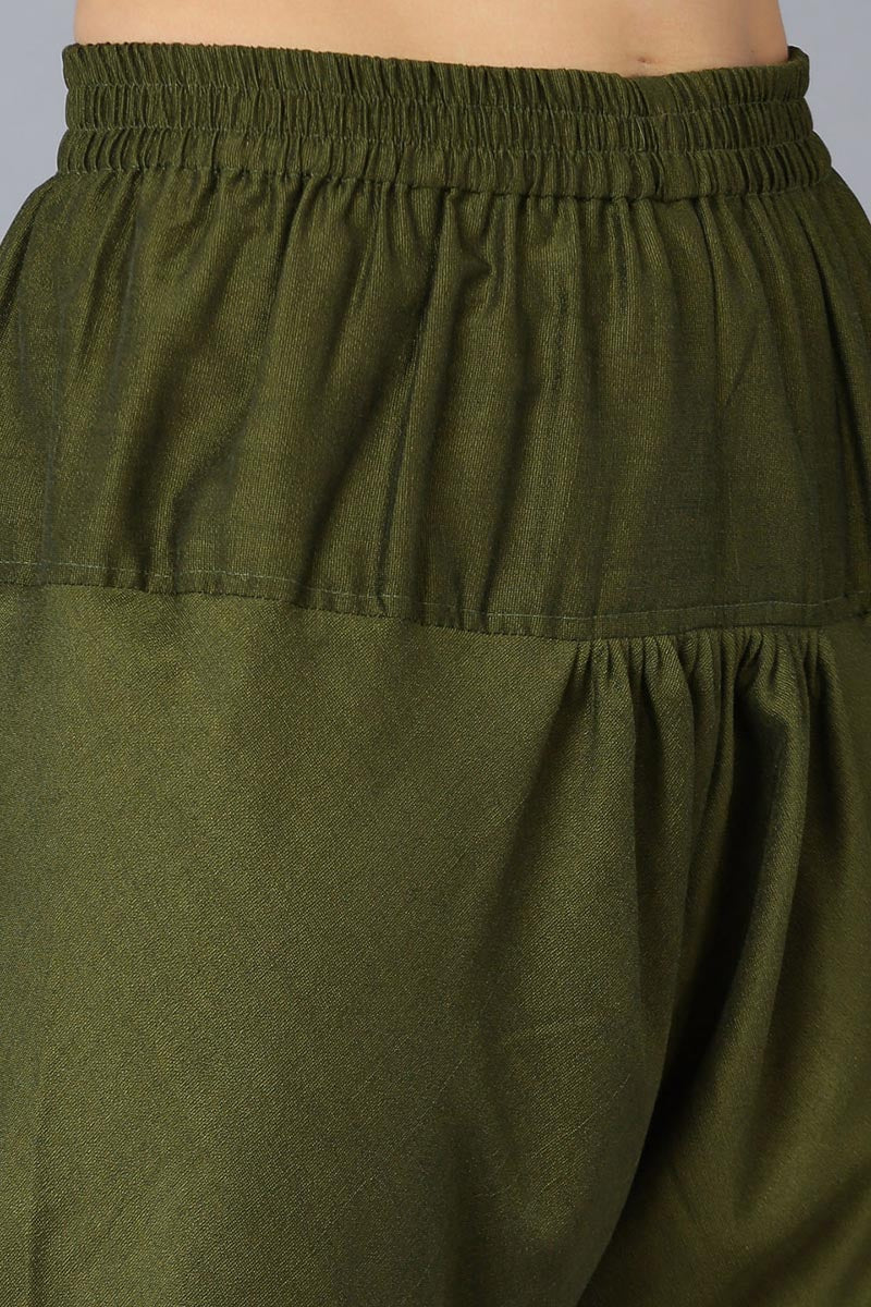Olive Silk Blend Solid A-Line Kurta Trousers With Dupatta 