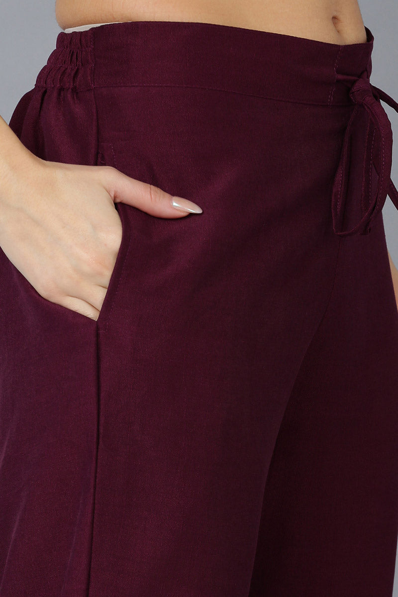 Burgundy Silk Blend Solid Straight Kurta Trousers With Dupatta 