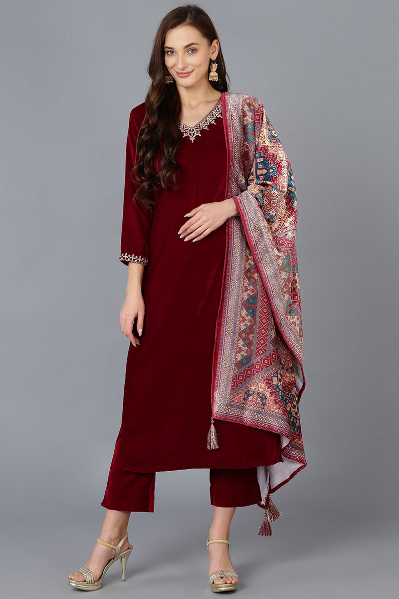 Red Velvet Solid Straight Kurta Trousers With Dupatta 
