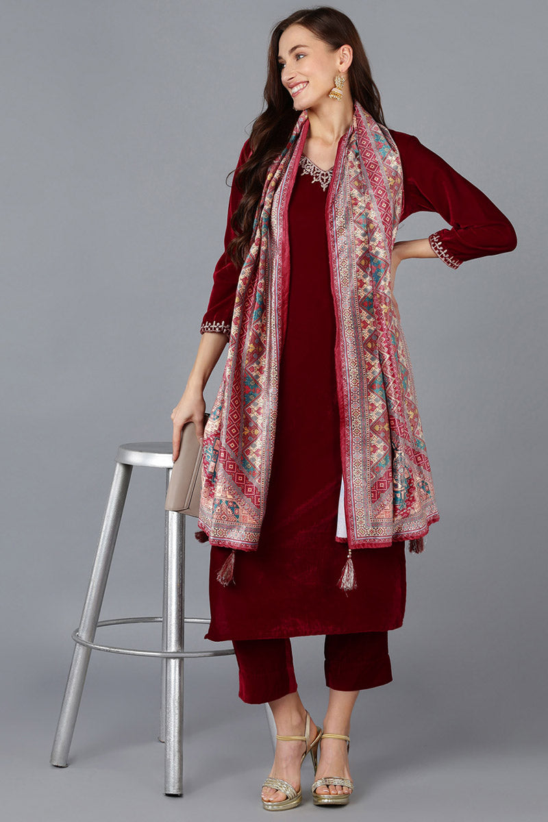 Red Velvet Solid Straight Kurta Trousers With Dupatta 