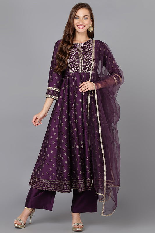 Purple Silk Blend Anarkali Kurta Pant With Dupatta PKSKD1773