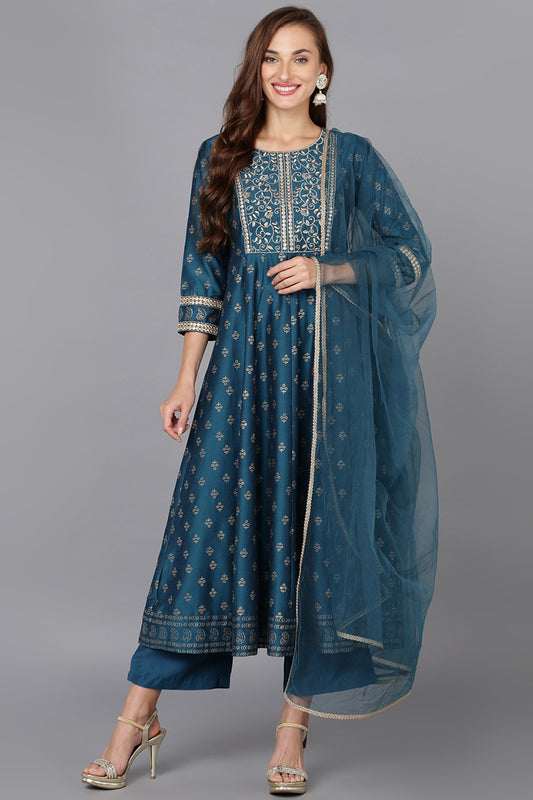 Blue Silk Blend Anarkali Kurta Pant With Dupatta PKSKD1775